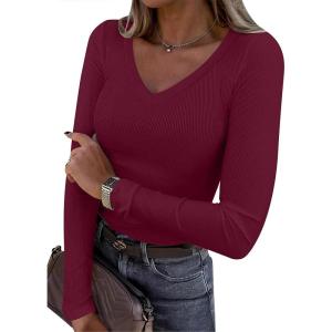 imageANRABESS Long Sleeve Shirts for Women V Neck Ribbed Knit Fitted Fall Basic Tshirts Going Out Tops 2025 Casual Trendy ClothesDeep Red