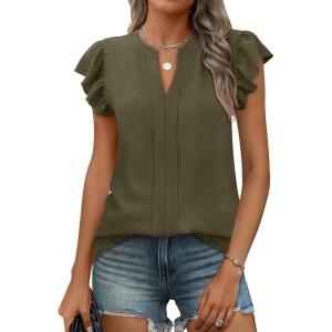 imageANRABESS Women Dressy Casual Blouse Ruffle Sleeve V Neck Textured Shirts 2025 Summer Business Work TopsArmy Green