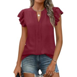 imageANRABESS Women Dressy Casual Blouse Ruffle Sleeve V Neck Textured Shirts 2025 Summer Business Work TopsBurgundy