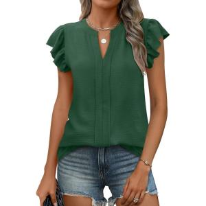 imageANRABESS Women Dressy Casual Blouse Ruffle Sleeve V Neck Textured Shirts 2025 Summer Business Work TopsDark Green