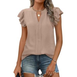 imageANRABESS Women Dressy Casual Blouse Ruffle Sleeve V Neck Textured Shirts 2025 Summer Business Work TopsKhaki