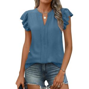 imageANRABESS Women Dressy Casual Blouse Ruffle Sleeve V Neck Textured Shirts 2025 Summer Business Work TopsLake