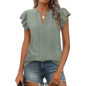 imageANRABESS Women Dressy Casual Blouse Ruffle Sleeve V Neck Textured Shirts 2025 Summer Business Work TopsLight Green