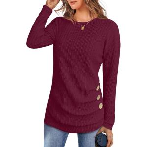 imageANRABESS Women Long Sleeve Tunic Top with Leggings Crewneck Ribbed Knit Buttons Shirts 2025 Fall Casual Lightweight SweatersBurgundy