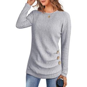 imageANRABESS Women Long Sleeve Tunic Top with Leggings Crewneck Ribbed Knit Buttons Shirts 2025 Fall Casual Lightweight SweatersGrey
