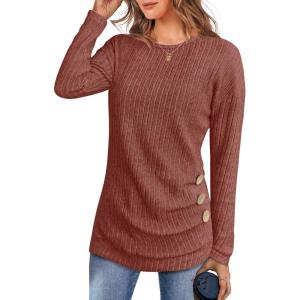 imageANRABESS Women Long Sleeve Tunic Top with Leggings Crewneck Ribbed Knit Buttons Shirts 2025 Fall Casual Lightweight SweatersRust Orange