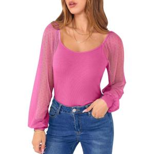 imageANRABESS Women Mesh Long Sleeve Shirts Dressy Casual Blouses Square Neck Ribbed Slim Tops Going Out Date Night Fall OutfitsHot Pink