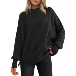 imageANRABESS Women Oversized Sweaters Batwing Long Sleeve 2025 Fall Outfits Crewneck Casual Knit Side Slit Fashion Pullover TopBlack