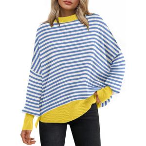 imageANRABESS Women Oversized Sweaters Batwing Long Sleeve 2025 Fall Outfits Crewneck Casual Knit Side Slit Fashion Pullover TopBlue White