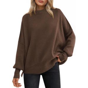 imageANRABESS Women Oversized Sweaters Batwing Long Sleeve 2025 Fall Outfits Crewneck Casual Knit Side Slit Fashion Pullover TopCoffee