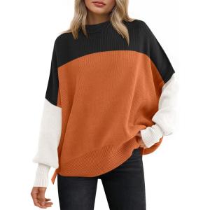 imageANRABESS Women Oversized Sweaters Batwing Long Sleeve 2025 Fall Outfits Crewneck Casual Knit Side Slit Fashion Pullover TopColorblock Orange