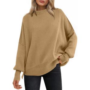 imageANRABESS Women Oversized Sweaters Batwing Long Sleeve 2025 Fall Outfits Crewneck Casual Knit Side Slit Fashion Pullover TopDeep Apricot