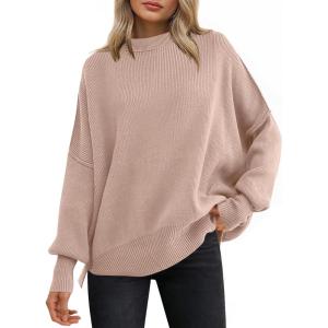 imageANRABESS Women Oversized Sweaters Batwing Long Sleeve 2025 Fall Outfits Crewneck Casual Knit Side Slit Fashion Pullover TopFlush Pink