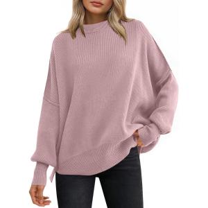 imageANRABESS Women Oversized Sweaters Batwing Long Sleeve 2025 Fall Outfits Crewneck Casual Knit Side Slit Fashion Pullover TopPink