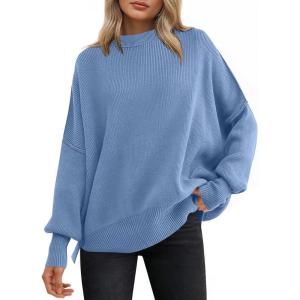 imageANRABESS Women Oversized Sweaters Batwing Long Sleeve 2025 Fall Outfits Crewneck Casual Knit Side Slit Fashion Pullover TopSmoky Blue