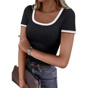 imageANRABESS Women Short Sleeve Tops Square Neck Ribbed Knit Color Block T Shirts Fitted Casual Summer 2025 Trendy Basic TeesBlack