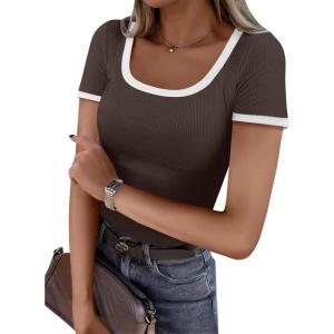 imageANRABESS Women Short Sleeve Tops Square Neck Ribbed Knit Color Block T Shirts Fitted Casual Summer 2025 Trendy Basic TeesCoffee