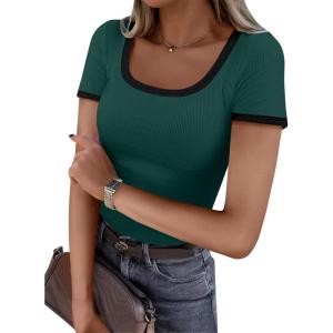 imageANRABESS Women Short Sleeve Tops Square Neck Ribbed Knit Color Block T Shirts Fitted Casual Summer 2025 Trendy Basic TeesDeep Green