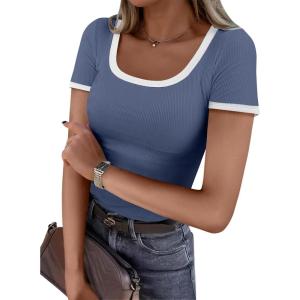 imageANRABESS Women Short Sleeve Tops Square Neck Ribbed Knit Color Block T Shirts Fitted Casual Summer 2025 Trendy Basic TeesDusty Blue