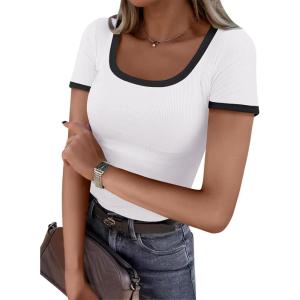 imageANRABESS Women Short Sleeve Tops Square Neck Ribbed Knit Color Block T Shirts Fitted Casual Summer 2025 Trendy Basic TeesWhite