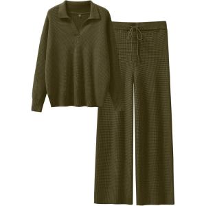 imageANRABESS Women Two Piece Outfits Sweater Sets Lounge Waffle Knit Pullover Matching Wide Leg Pants Tracksuit 2025 Fall FashionArmy Green