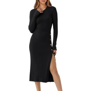 imageANRABESS Womens 2025 Fall Long Sleeve Midi Dress Ribbed Knit Bodycon Fitted Button Down Wedding Guest Slit Sweater DressesBlack