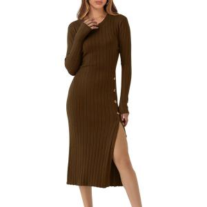 imageANRABESS Womens 2025 Fall Long Sleeve Midi Dress Ribbed Knit Bodycon Fitted Button Down Wedding Guest Slit Sweater DressesBrown