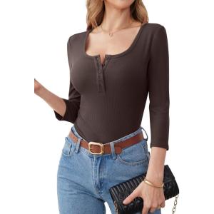 imageANRABESS Womens 34 Sleeve Henley Shirts Ribbed Knit Slim Fit Casual Basic T Shirts 2025 Summer Fall Button Up Blouse OutfitsCoffee