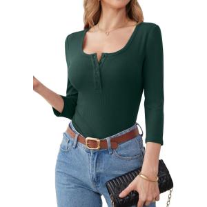 imageANRABESS Womens 34 Sleeve Henley Shirts Ribbed Knit Slim Fit Casual Basic T Shirts 2025 Summer Fall Button Up Blouse OutfitsDeep Green