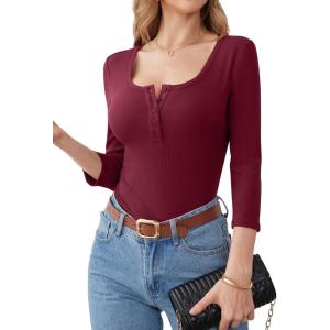 imageANRABESS Womens 34 Sleeve Henley Shirts Ribbed Knit Slim Fit Casual Basic T Shirts 2025 Summer Fall Button Up Blouse OutfitsDeep Red