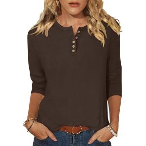 imageANRABESS Womens 34 Sleeve Tops Henley Shirts Casual Trendy Button T Shirts 2025 Summer Basic TunicBrown
