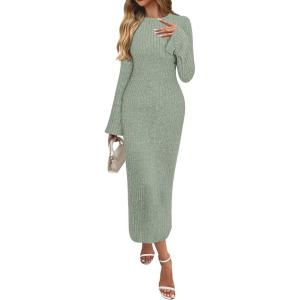 imageANRABESS Womens Bodycon Maxi Dresses 2025 Fall Casual Flare Sleeve Crewneck Lounge Comfy Sexy Ribbed Knit Long Sweater DressOlive