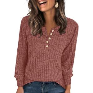imageANRABESS Womens Long Sleeve Henley Shirts Button Down Tunic Tops Fall Lightweight Sweaters Business Casual Blouses 2025Rust Orange