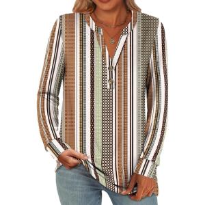 imageANRABESS Womens Long Sleeve Shirts 2025 Fall Henley Business Casual Tops Cute TShirts Work Blouses Outfits Vacation ClothesBrown White Strip