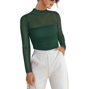 imageANRABESS Womens Sexy Mesh Long Sleeve Shirts Trendy Mock Neck Sheer Ruched Going Out Tops Fall Slim Fit Blouses 2025Deep Green