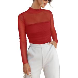 imageANRABESS Womens Sexy Mesh Long Sleeve Shirts Trendy Mock Neck Sheer Ruched Going Out Tops Fall Slim Fit Blouses 2025Red