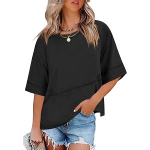 imageANRABESS Womens Tops Crewneck Half Sleeve Loose Fit T Shirts Solid Cute Flowy Shirts Summer Casual Tees 2025 Trendy OutfitsBlack