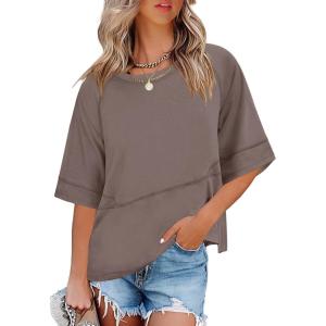 imageANRABESS Womens Tops Crewneck Half Sleeve Loose Fit T Shirts Solid Cute Flowy Shirts Summer Casual Tees 2025 Trendy OutfitsBrown