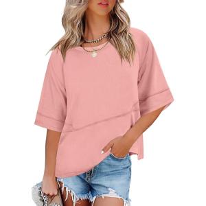 imageANRABESS Womens Tops Crewneck Half Sleeve Loose Fit T Shirts Solid Cute Flowy Shirts Summer Casual Tees 2025 Trendy OutfitsCoral Pink
