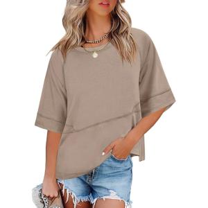 imageANRABESS Womens Tops Crewneck Half Sleeve Loose Fit T Shirts Solid Cute Flowy Shirts Summer Casual Tees 2025 Trendy OutfitsKhaki