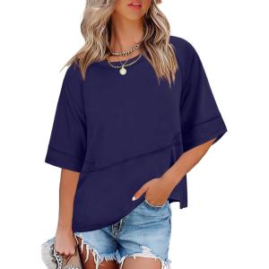 imageANRABESS Womens Tops Crewneck Half Sleeve Loose Fit T Shirts Solid Cute Flowy Shirts Summer Casual Tees 2025 Trendy OutfitsNavy Blue