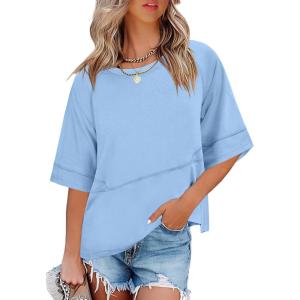 imageANRABESS Womens Tops Crewneck Half Sleeve Loose Fit T Shirts Solid Cute Flowy Shirts Summer Casual Tees 2025 Trendy OutfitsSky Blue