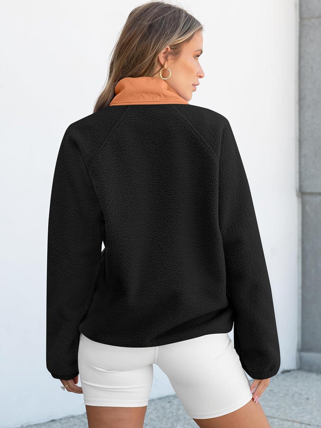 imageANRABESS Women Fuzzy Fleece Pullover Sherpa Sweatshirt Long Sleeve Button Down Warm Soft Loose Sweater Jackets with PocketsBlack Orange
