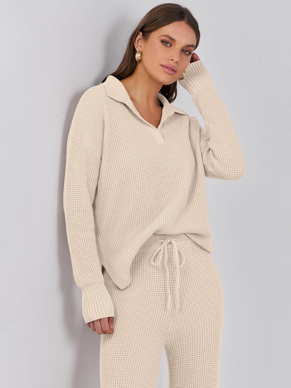 imageANRABESS Women Two Piece Outfits Sweater Sets Lounge Waffle Knit Pullover Matching Wide Leg Pants Tracksuit 2025 Fall Fashion