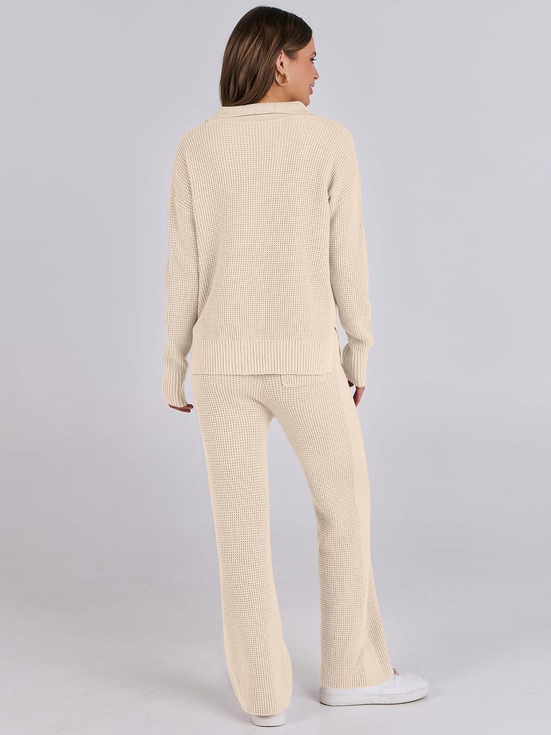 imageANRABESS Women Two Piece Outfits Sweater Sets Lounge Waffle Knit Pullover Matching Wide Leg Pants Tracksuit 2025 Fall Fashion