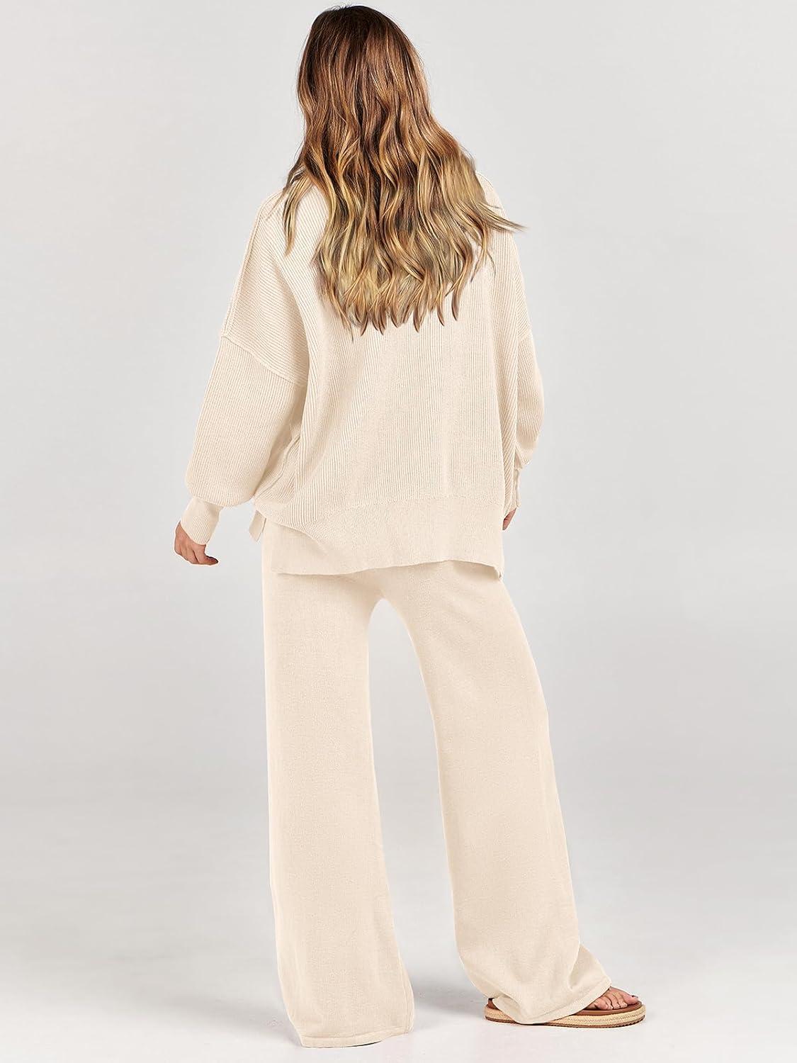imageANRABESS Womens 2 Piece Outfits Fall Lounge Set 2025 Oversized Chunky Knit Sweater Top Wide Leg Pants Loungewear ClothesAprticot