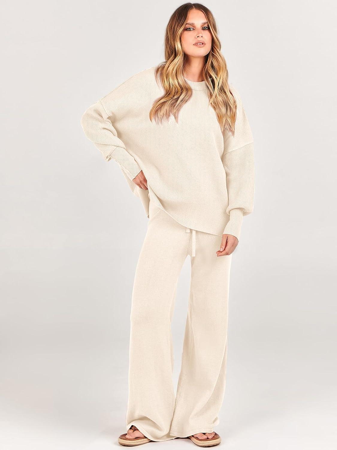imageANRABESS Womens 2 Piece Outfits Fall Lounge Set 2025 Oversized Chunky Knit Sweater Top Wide Leg Pants Loungewear ClothesAprticot