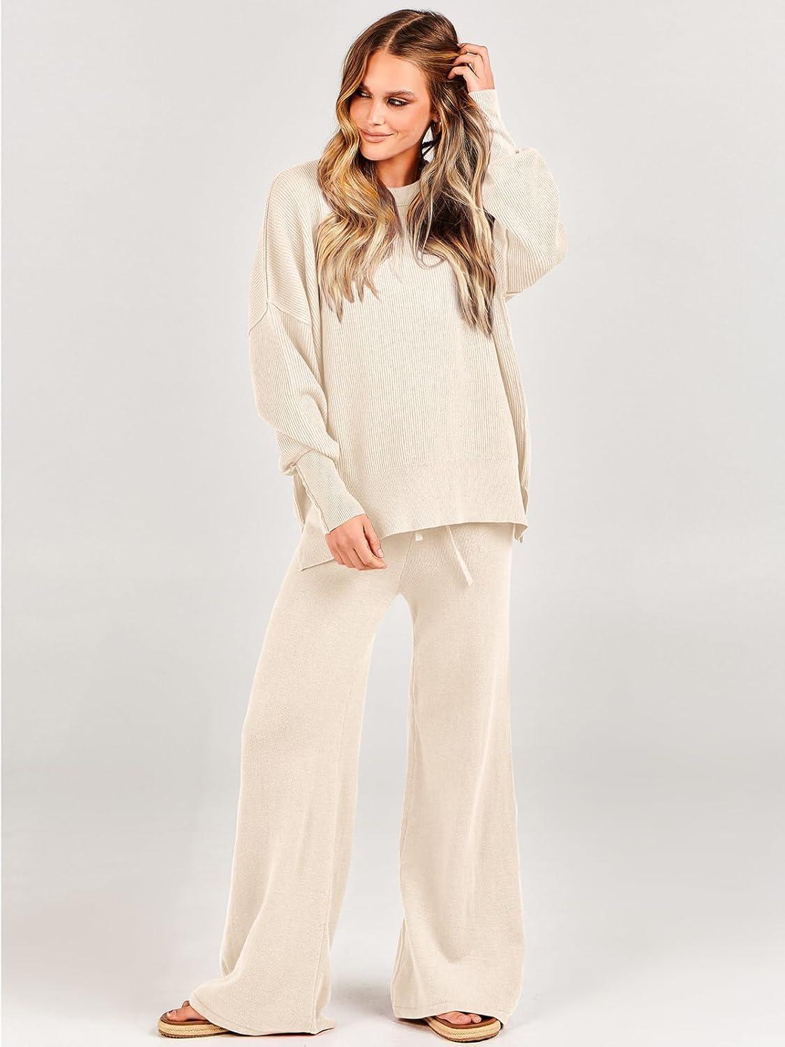 imageANRABESS Womens 2 Piece Outfits Fall Lounge Set 2025 Oversized Chunky Knit Sweater Top Wide Leg Pants Loungewear ClothesAprticot