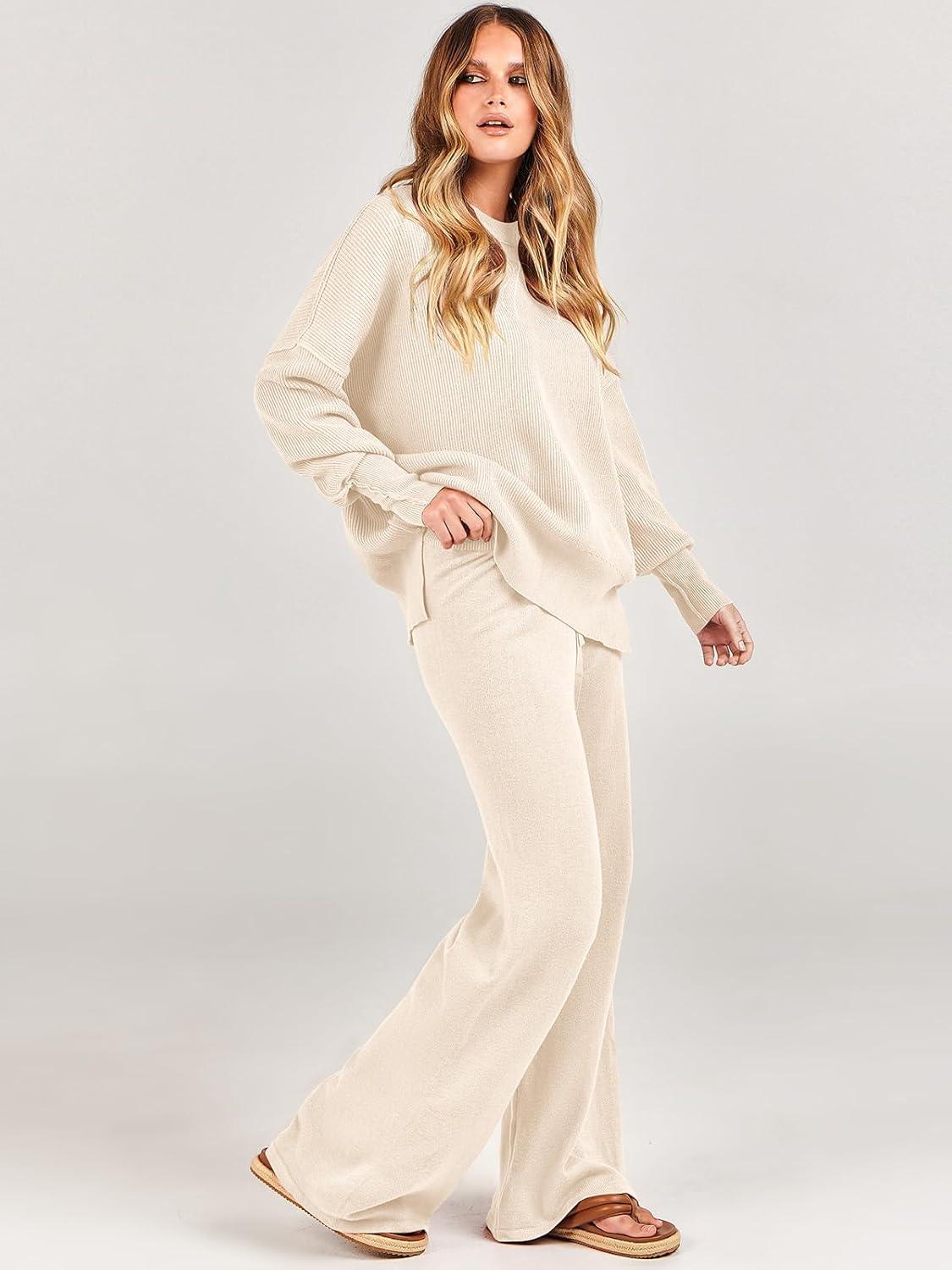 imageANRABESS Womens 2 Piece Outfits Fall Lounge Set 2025 Oversized Chunky Knit Sweater Top Wide Leg Pants Loungewear ClothesAprticot
