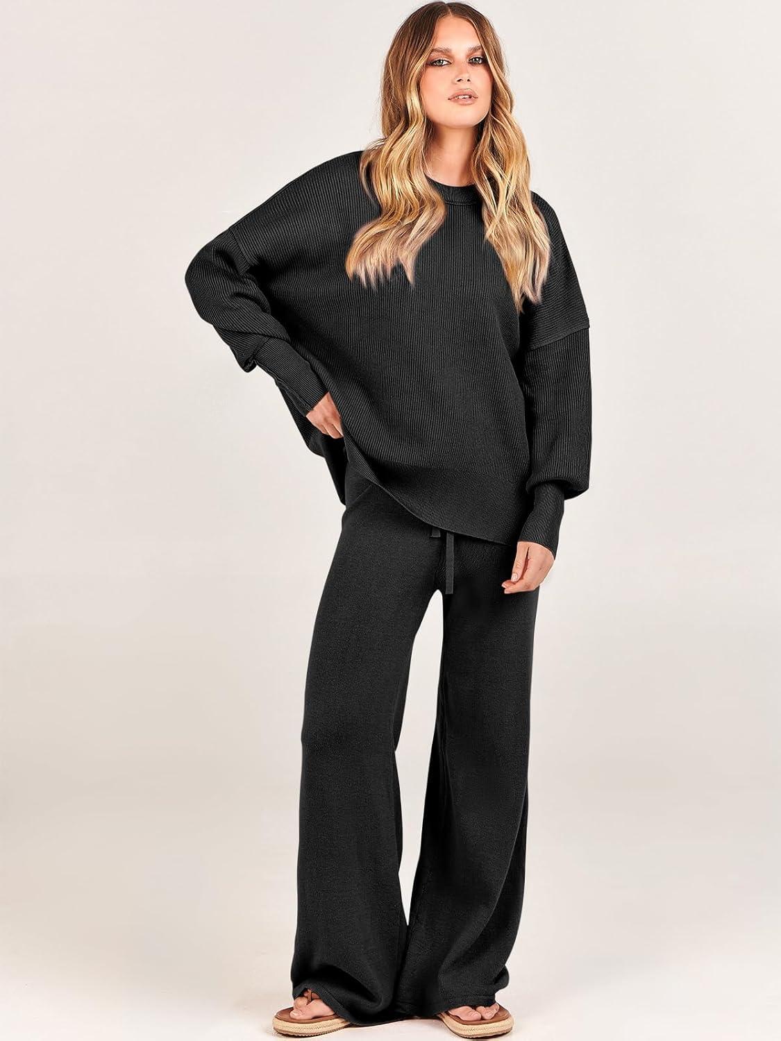 imageANRABESS Womens 2 Piece Outfits Fall Lounge Set 2025 Oversized Chunky Knit Sweater Top Wide Leg Pants Loungewear ClothesBlack